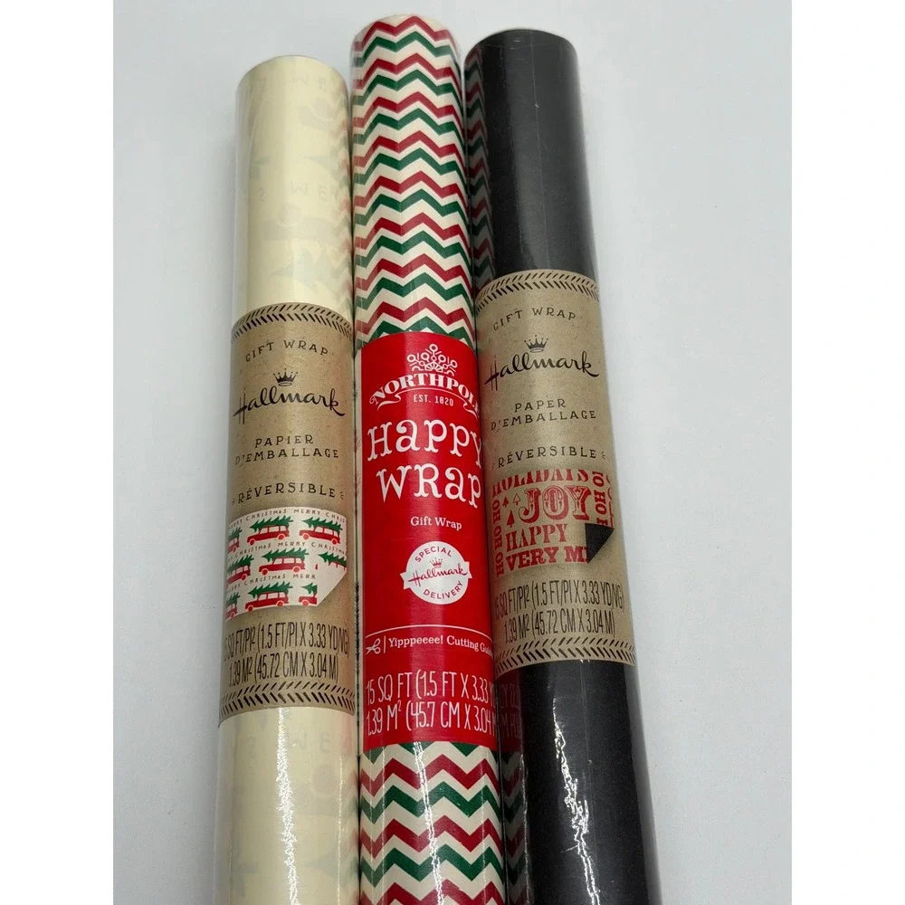 Hallmark Christmas Gift Wrap 3 Roll Bundle Reversible Red Green Black 45 SQ‎ FT